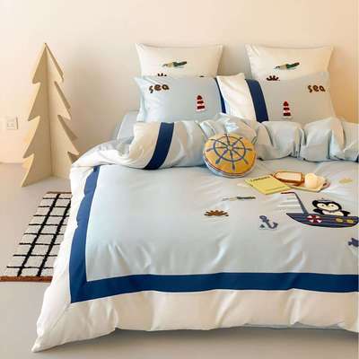 新品企鹅贴布绣长绒棉四件套蓝色海洋床单被套青少年男孩纯棉床品