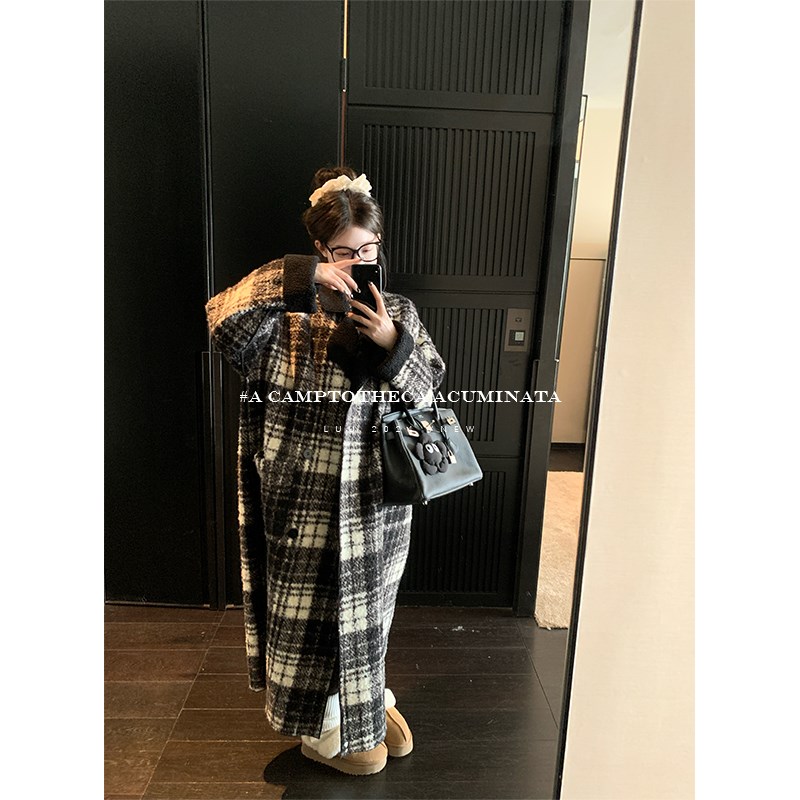 LUU桃喜儿/格子两穿大衣外套女秋冬宽松高级感小众韩系慵懒中长款