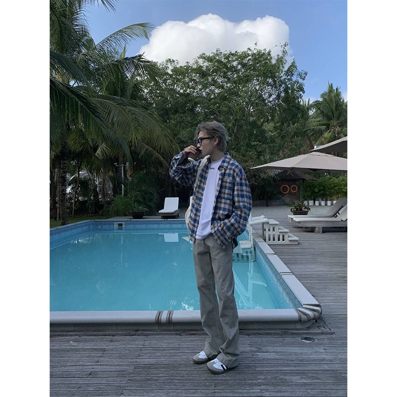 NECOYEP 2024美式小众设计撞色格子翻领衬衫情侣宽松百搭潮流上衣