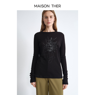 MAISON THER【睿选美学】2025春夏新品花卉印花长袖圆领T恤黑色