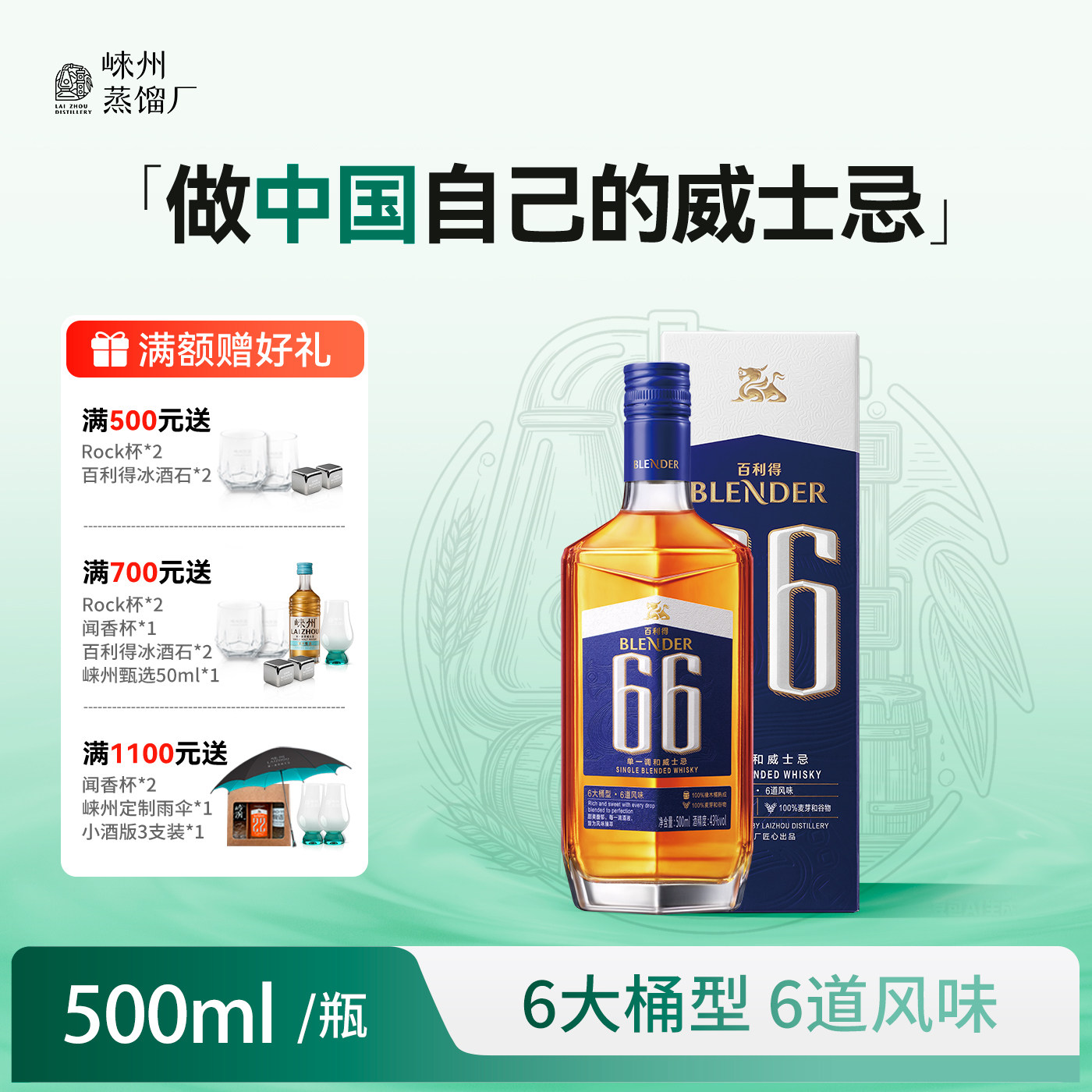 百利得崃州烈酒 66单一调和威士忌洋酒 送礼佳选 500ml图片