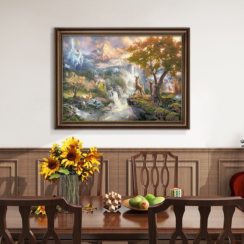 林中小鹿手绘油画欧式古典风景美式入户玄关装饰画别墅客厅壁挂画图片