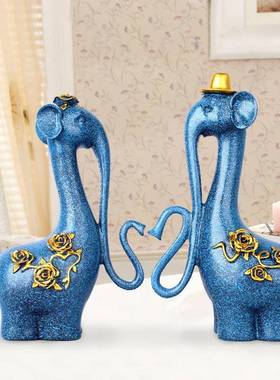 树脂工艺品简约蓝色情侣大象摆件家居装饰品客厅电视柜摆设创意