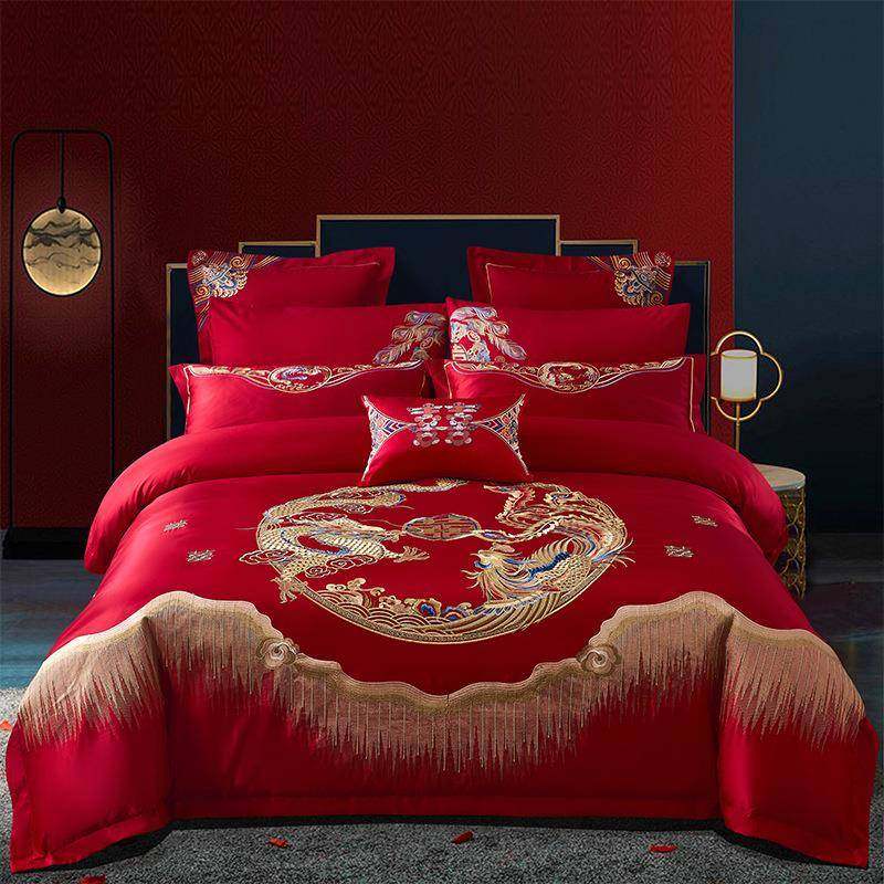 高档婚庆四件套大红全棉龙凤新结婚房嫁喜被刺绣100s纯棉床上用品
