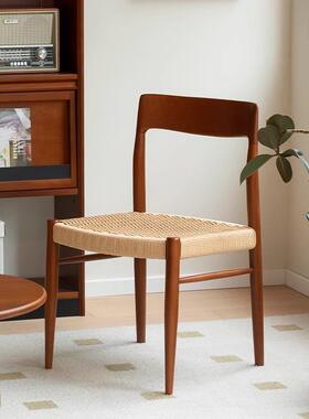 非晚椅 中古实木餐椅家用靠背moller75号椅复古藤编椅子