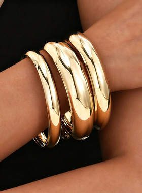 Women Bracelet欧美夸张个性素圈光面手镯3件套小众几何圆形手镯