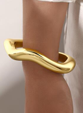 Bangle Bracelet欧美金属风波浪线开口手镯轻奢个性潮流夸张手环
