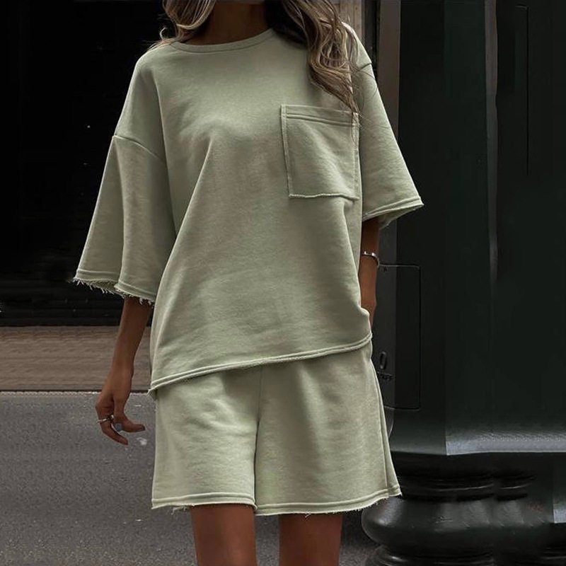 Women Outfit欧美休闲女士夏季套装纯色圆领短袖松紧短裤二件套女
