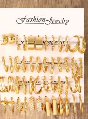 Earring Sets金属麻花耳环套装24件套简约仿珍珠耳环耳饰三管珍珠