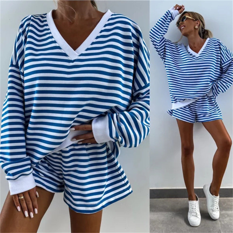 Women Summer Outfit休闲条纹套装长袖V领宽松上衣运动短裤2件套