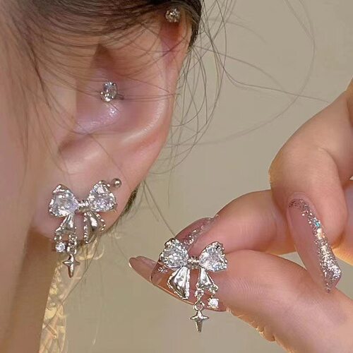 Women Earring Gift芒星锆石蝴蝶结耳钉气质ins风轻奢感耳环耳饰