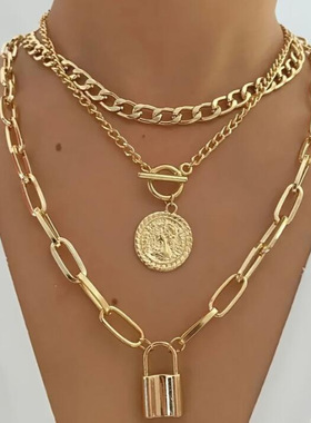 欧美女项链套装轻奢气质浮雕圆牌吊坠OT扣三层项链Necklace Gift