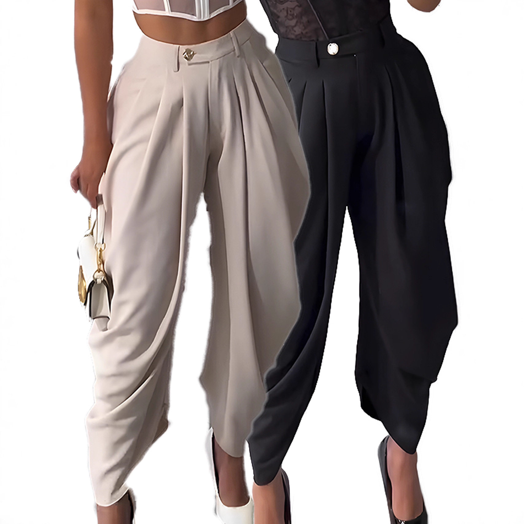 Women Long Pants欧美女装花苞裤纯色性感都市休闲阔腿时尚九分