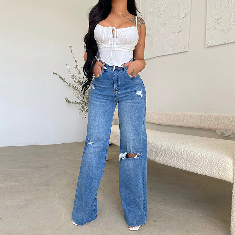 Women Ripped Denim Pant女士牛仔裤长款高腰破洞毛边舒适阔腿裤
