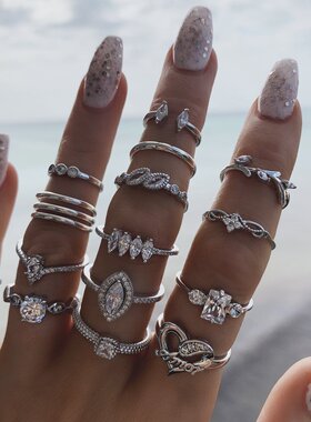 欧美女士关节戒指镂空点钻爱心戒指套装15件套Jewelry Ring Sets