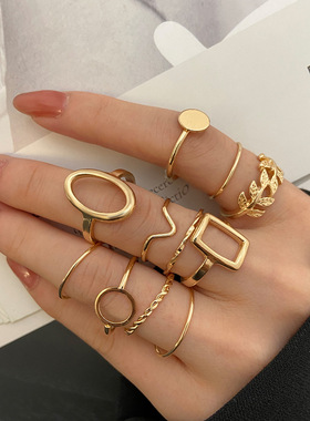 Women Ring Set几何树叶戒指套装11件套组合关节戒指女设计感小众