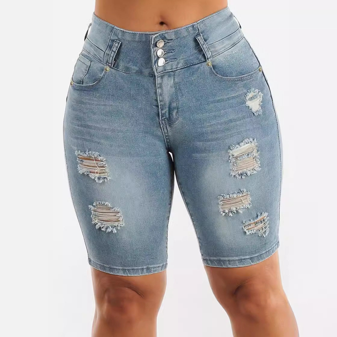 欧美夏破洞牛仔短裤女修身高腰提臀四分裤Denim Jean Short Pant