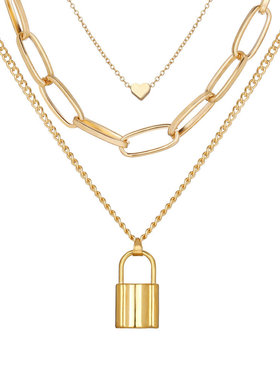 Women Necklace欧美多层项链创意复古简约桃心锁型吊坠三层毛衣链