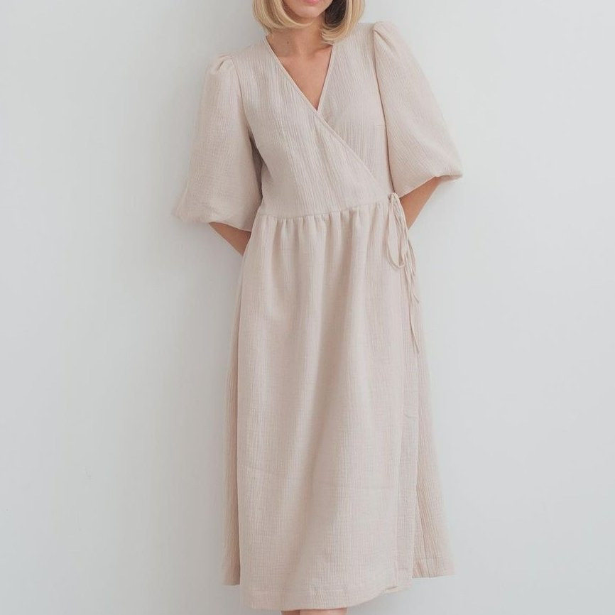 Cute Women Dresses法式甜美氛围感纯色长裙泡泡短袖系带连衣裙