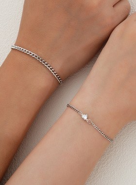 Lover Bracelets欧美简约不锈钢爱心链条小众设计感情侣手链2件套