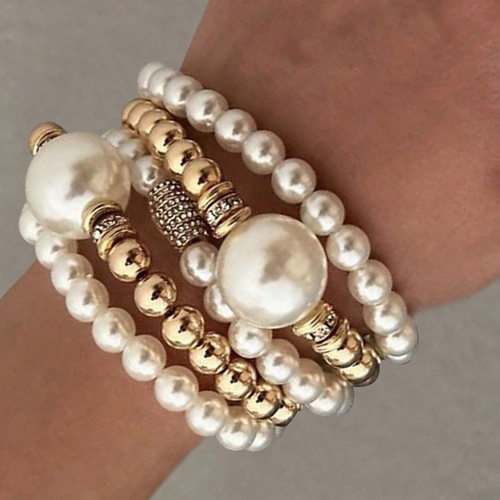 Bracelet Sets欧美时尚夸张仿珍珠圆珠手链叠戴式创意手饰5件套装