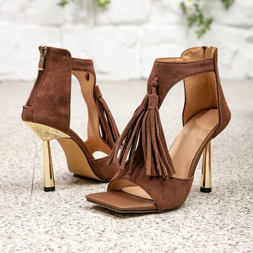 High Heels女士波西米亚风棕色绒面方头高跟凉鞋细高跟镂空后拉链