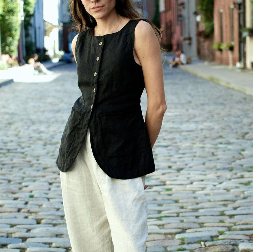 Women Vest Jacket Tops法式通勤休闲上衣夏纯棉方领马甲欧美女装