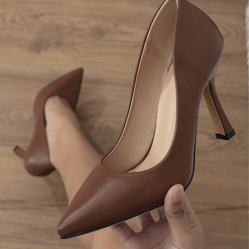 High Heel Flat Shoes气质女高跟鞋细跟浅口尖头软皮职业工作单鞋