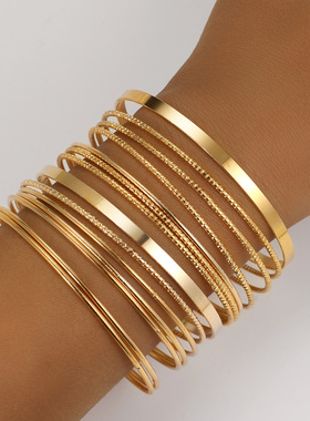 Bracelet Sets Jewelry个性夸张宽面手镯金色光面手环链多件套装