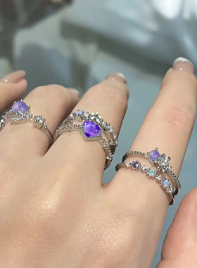 Ring Sets紫色爱心月光锆石开口戒指3件套女小众食指戒可调节指环