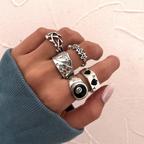 Ring Jewelry欧美戒指复古黑桃纸牌戒指创意个性关节戒指5件套装