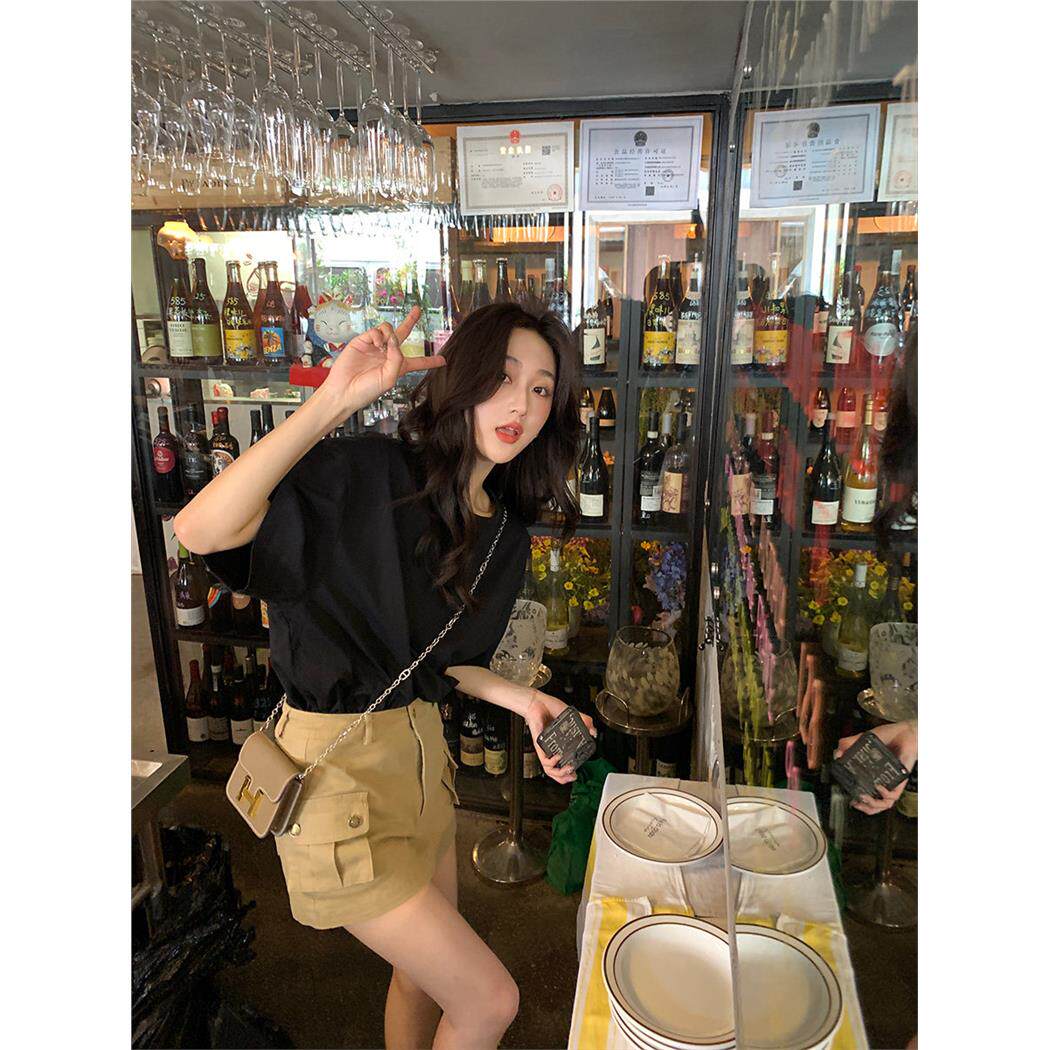 卡其色工装高腰半身裙女春夏季修身显瘦短裙性感包臀A字裙子