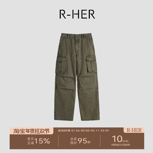 R-HER“橄榄旧街”秋冬做旧休闲裤直筒时尚宽松户外工装裤RW5NK20