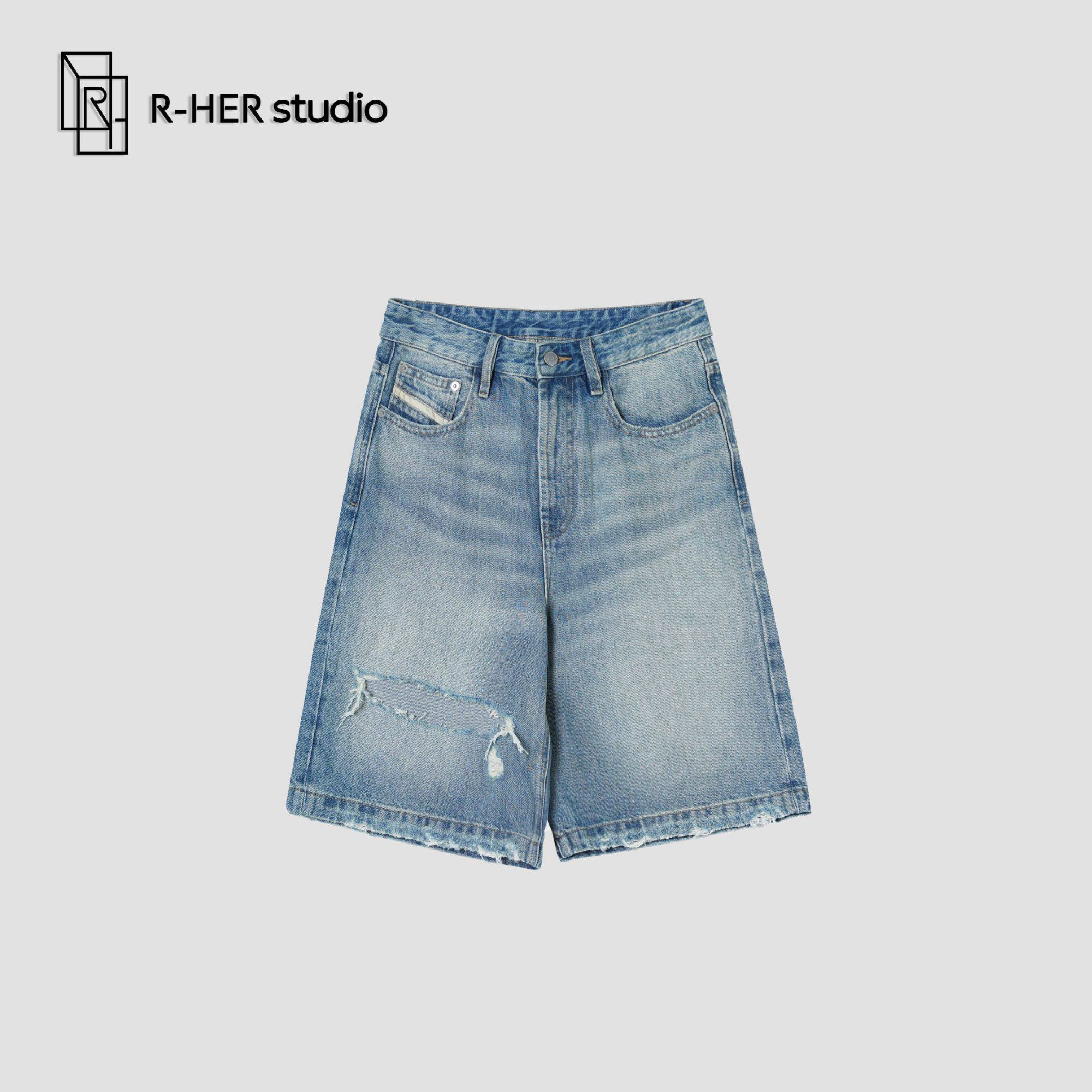 &ldquo;率性真我&rdquo;时尚宽松破洞直筒阔腿春夏牛仔裤五分短裤女K8018