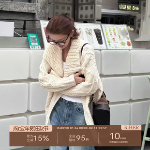 R-HER【绞花毛衣】法式复古高克重立体绞花翻领慵懒老钱针织毛衣