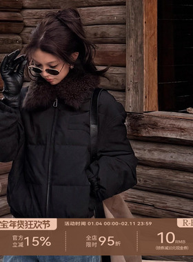 R-HER“森间低语”90白鹅绒桑蚕丝保暖加绒厚款毛领棉服女冬新款