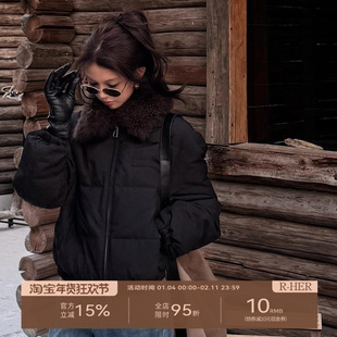 R-HER“森间低语”90白鹅绒桑蚕丝保暖加绒厚款毛领棉服女冬新款