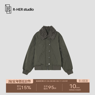 R-HER“伦敦旧梦”宽松型女装洋气时髦气质美拉德短款菱格棉服M98