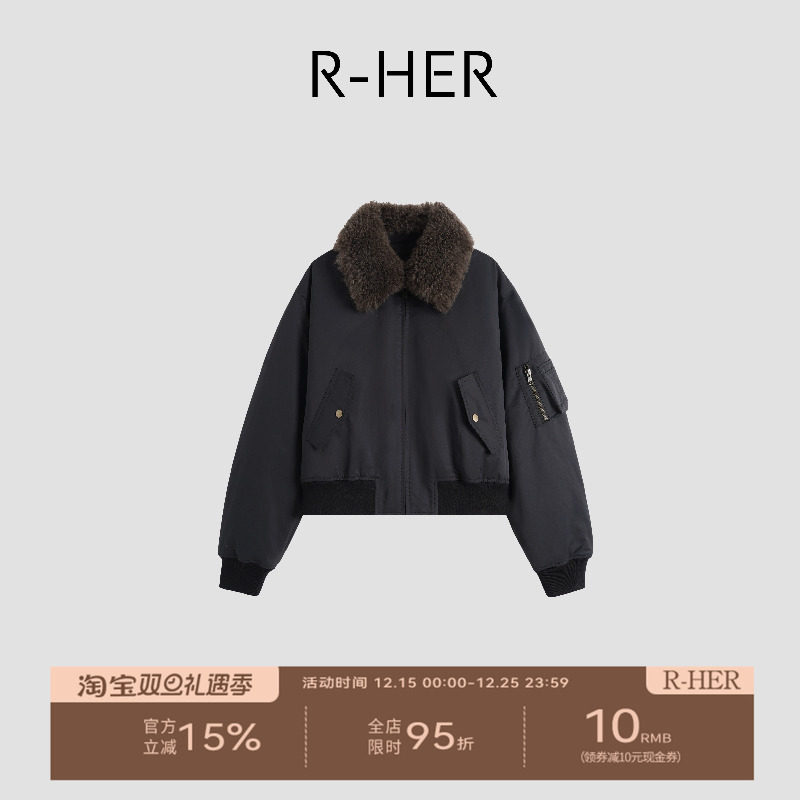 R-HER“老钱新贵”山羊绒翻领时尚短款加厚派克服RW5NC6679