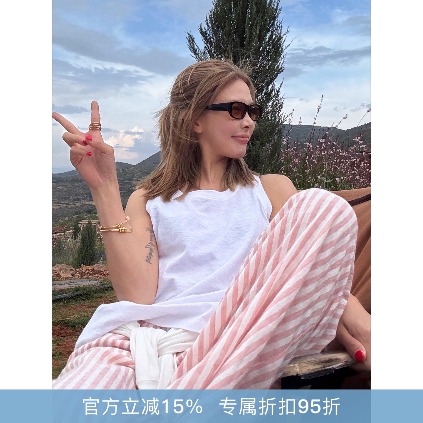RHER STUDIO“粉调条纹裤”夏季新款百搭高腰显瘦阔腿休闲长裤K00