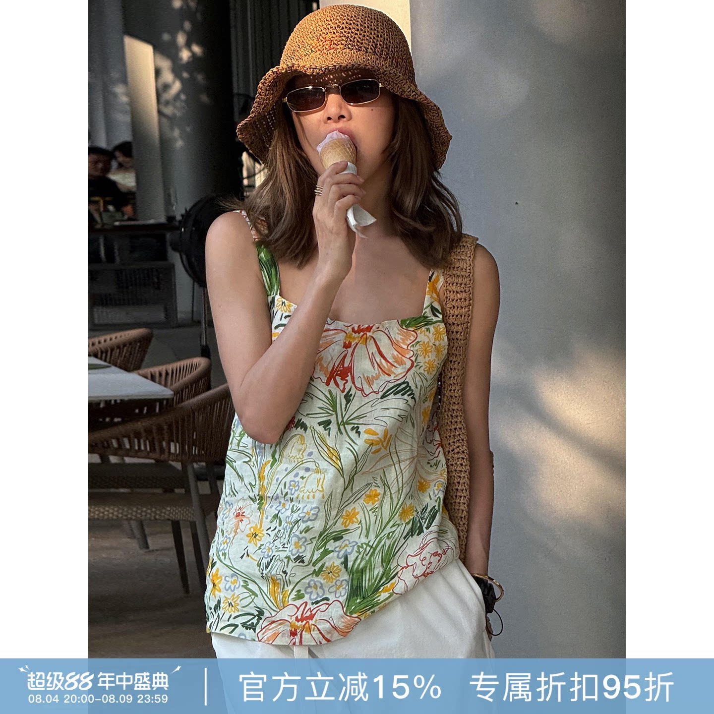 RHER STUDIO“画家的后花园”100苎麻带定染原创油画吊带上衣D000