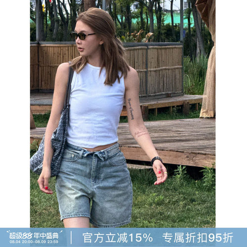 RHER STUDIO“做旧蓝短牛”夏季新款高腰显瘦百搭宽松牛仔短裤K72