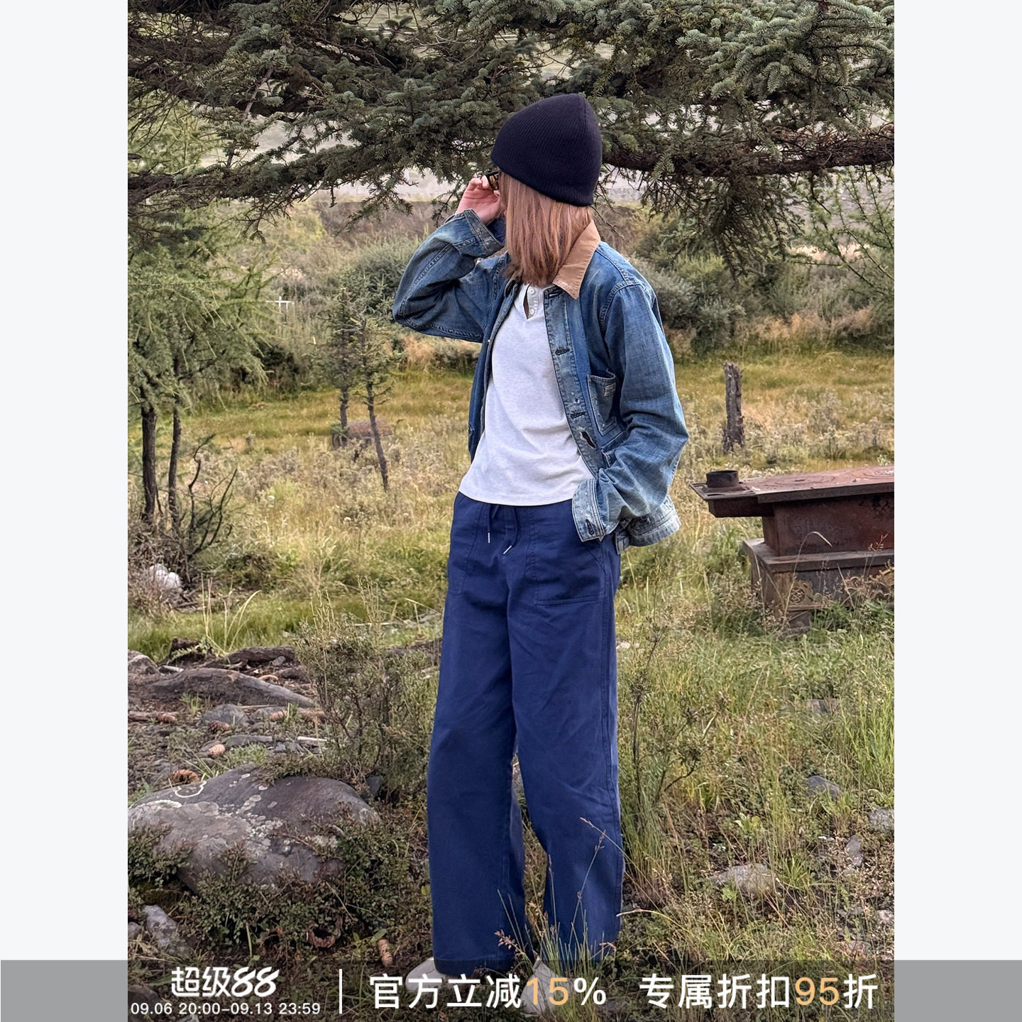 RHER STUDIO“藏青”100棉抽绳休闲裤女直筒宽松做旧工装裤KRG30