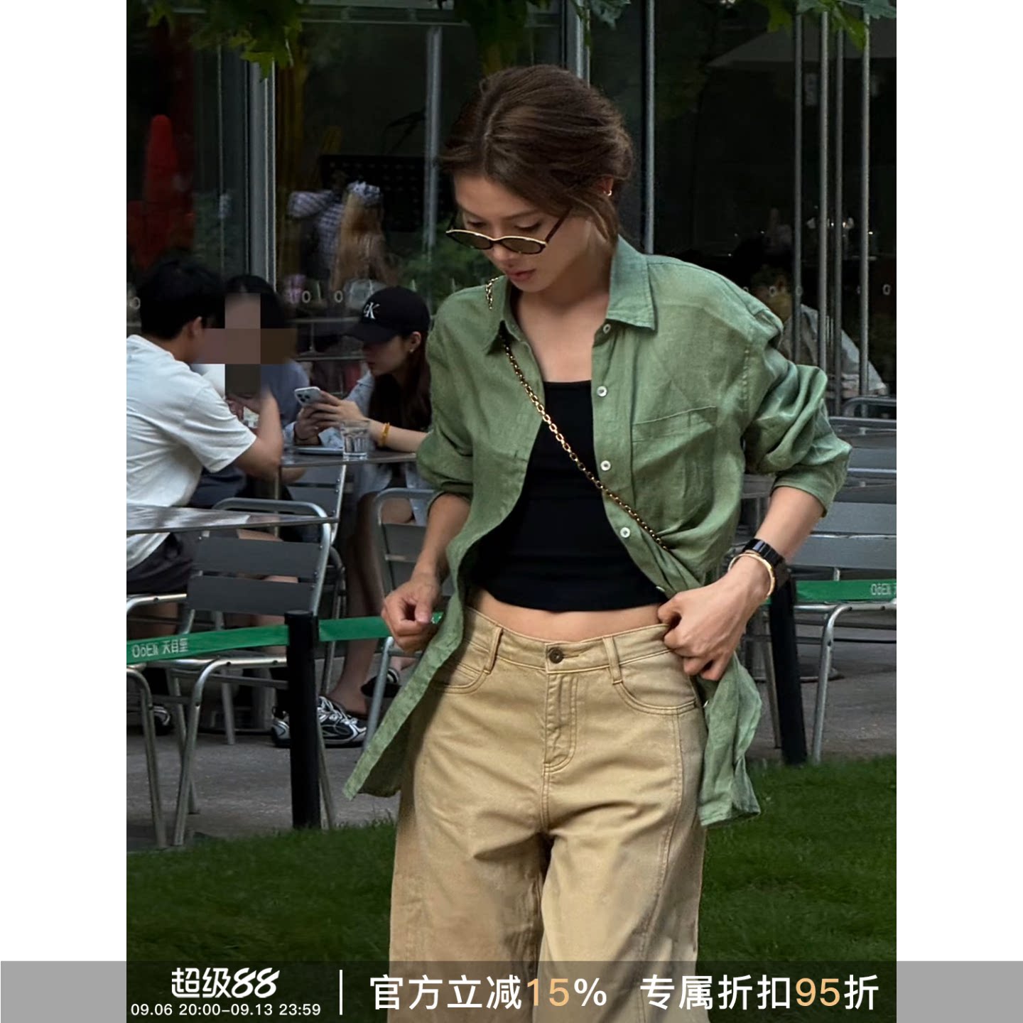 牛油果绿老钱风亚麻宽松显瘦衬衫