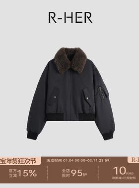 R-HER“老钱新贵”山羊绒翻领时尚短款加厚派克服RW5NC6679