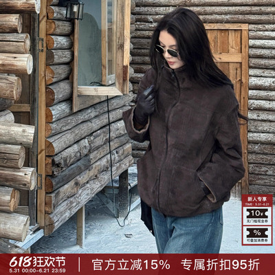 R-HER“码头晨雾”时尚羊皮革休闲保暖短款翻领皮衣夹克RW5NC5105