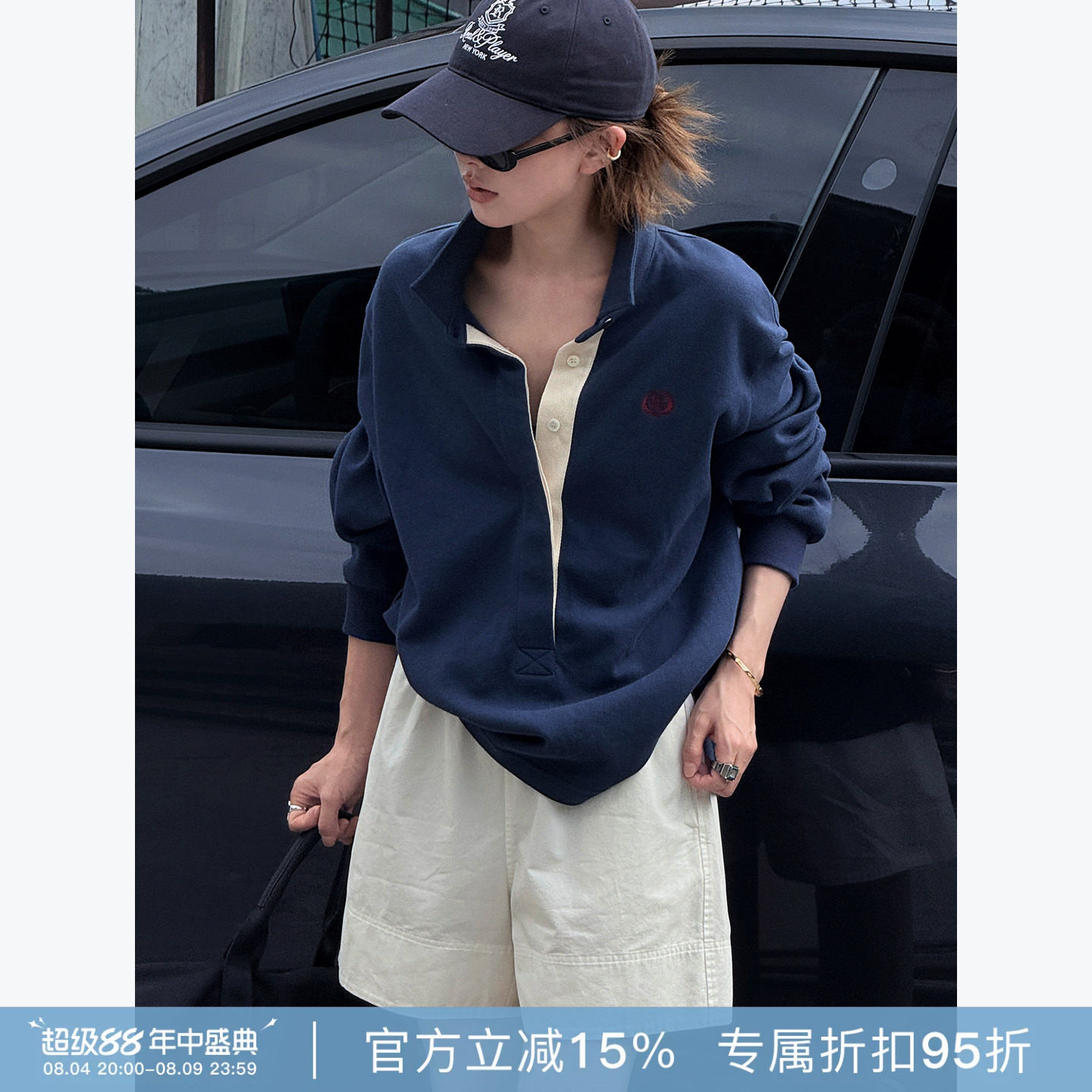 RHER STUDIO"费城学院"休闲系扣翻领薄款宽松长袖女卫衣外套CT016