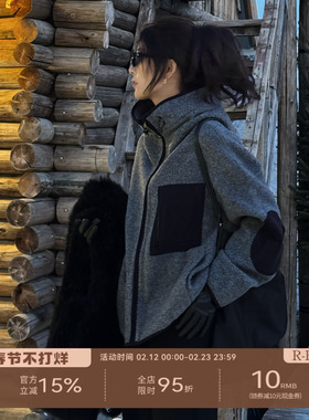 R-HER“马赛旧影”羊毛复古拼接百搭宽松时尚连帽外套RP5NC9876