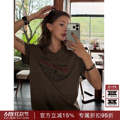 RHER STUDIO“印花棉T”复古舒适圆领短袖T恤女夏季休闲百搭T433D