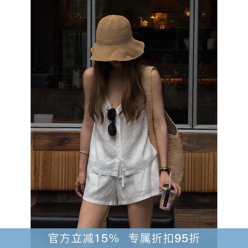 RHER STUDIO“排扣吊带”夏季苎麻天丝混纺背心休闲百搭显瘦D0010